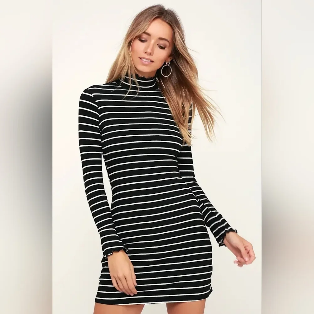 Lulus Charm Class Black and White Striped Long Sleeve Dress Size XL